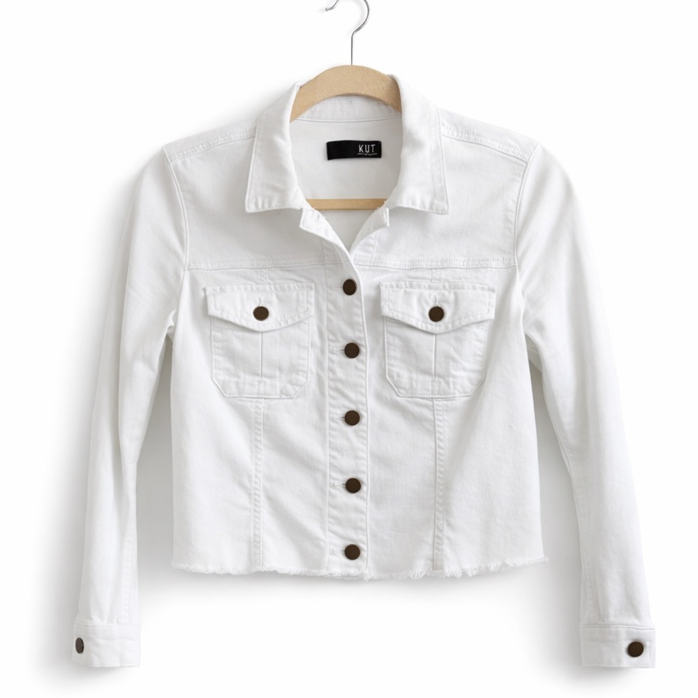 Kut from the Kloth Kara Cropped White Denim Jacket Raw Frayed Hem PM